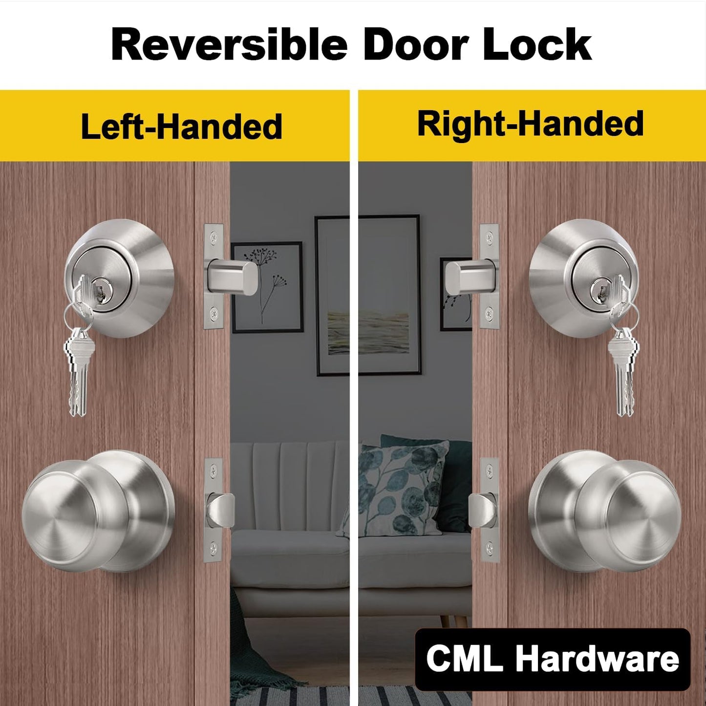 Stainless Steel Keyed Alike Deadbolt Lock & Door Knob Combo Set, Single Cylinder for Interior/Exterior Doors - 2 Pack