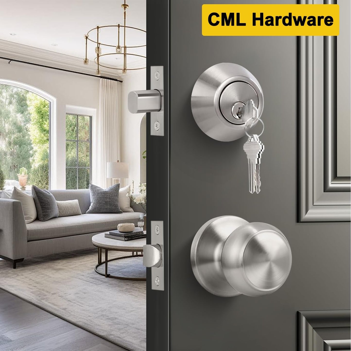 Stainless Steel Keyed Alike Deadbolt Lock & Door Knob Combo Set, Single Cylinder for Interior/Exterior Doors - 2 Pack