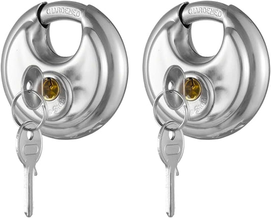 Stainless Steel Keyed Alike Discus Padlock, 2-Pack for Sheds, Garages, and Fences - 2-3/4" Wide, 3/8" Shackle - Secure Storage Unit Locks - WildKart