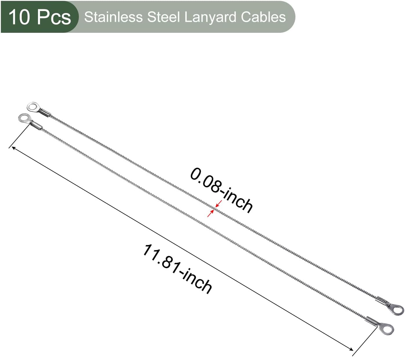 Stainless Steel Lanyard Cables 10 Pack - Ideal for Doors, Curtains, Lamps - Eyelets Ended Security Wire Rope (Silver, 2mmx30cm)