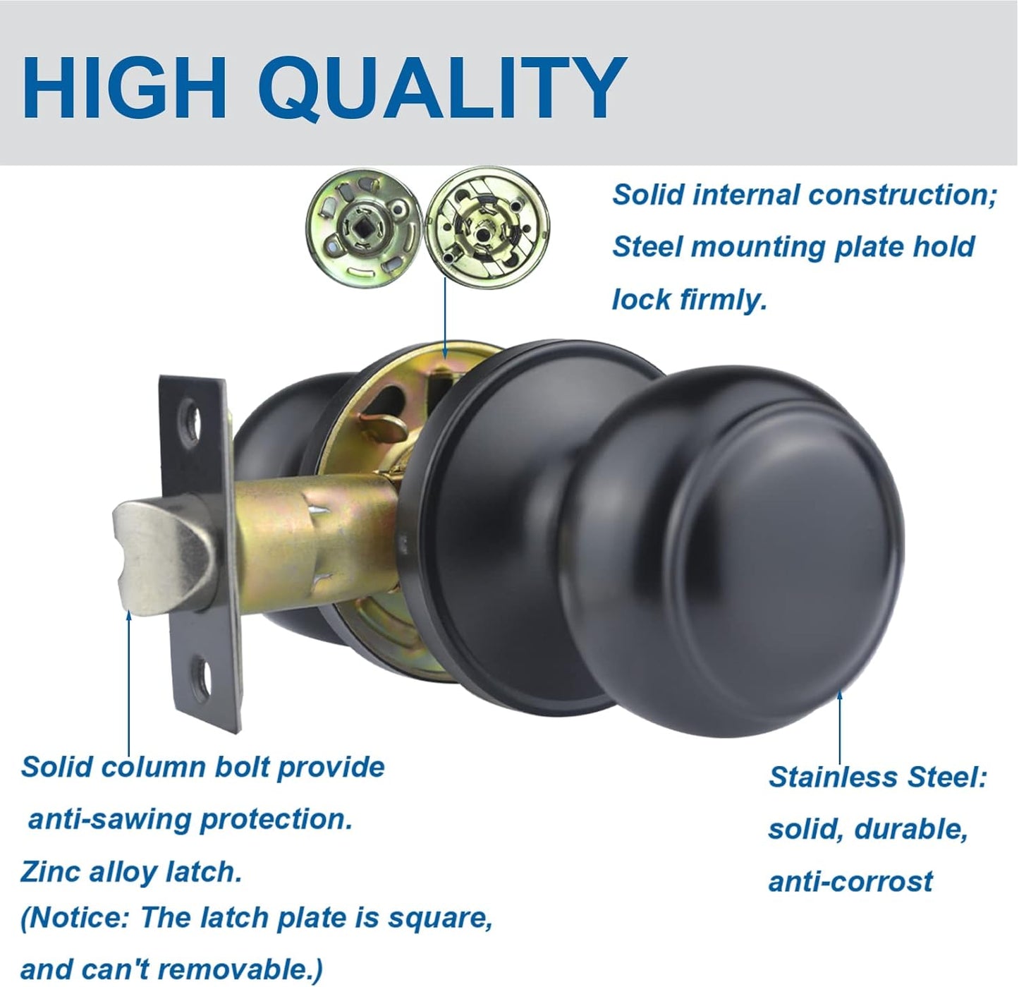 Stainless Steel Matte Black Passage Door Knob for Hallway - Keyless Interior Knob, Non-Locking Indoor Door Knob - 1 Pack