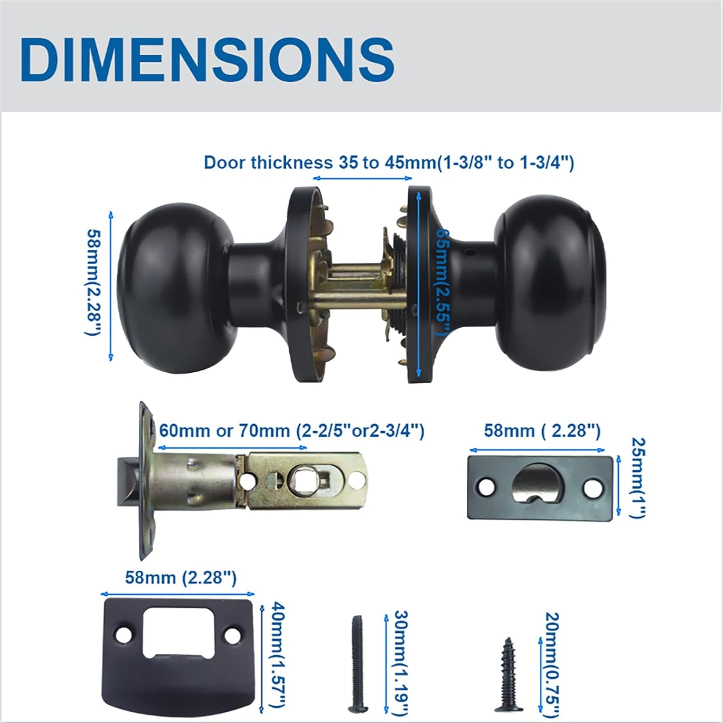 Stainless Steel Matte Black Passage Door Knob for Hallway - Keyless Interior Knob, Non-Locking Indoor Door Knob - 1 Pack