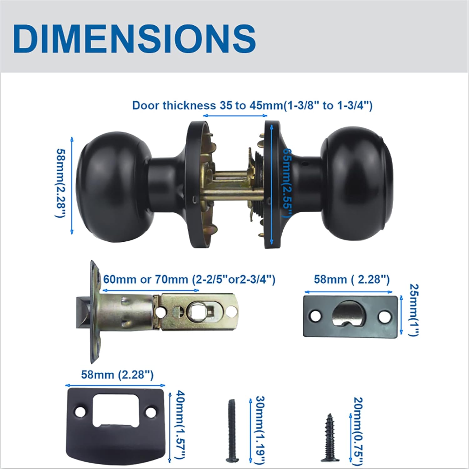 Stainless Steel Matte Black Passage Door Knob for Hallway - Keyless Interior Knob, Non-Locking Indoor Door Knob - 1 Pack