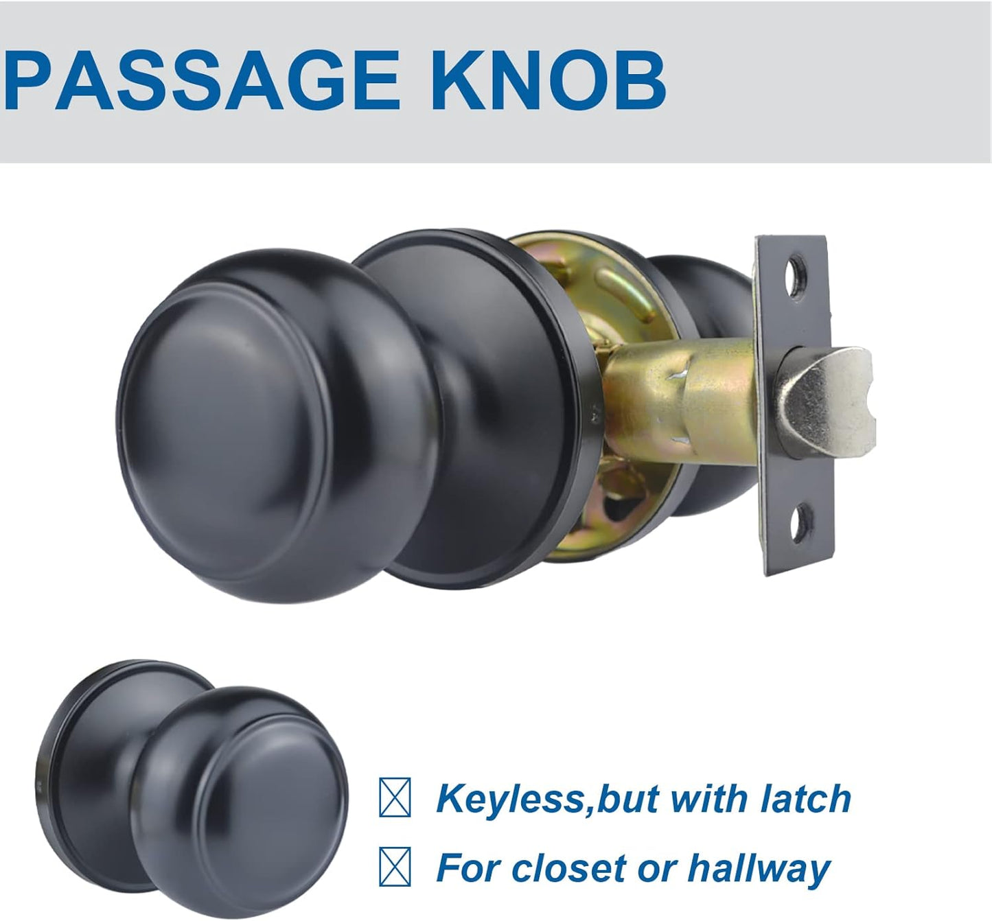 Stainless Steel Matte Black Passage Door Knob for Hallway - Keyless Interior Knob, Non-Locking Indoor Door Knob - 1 Pack