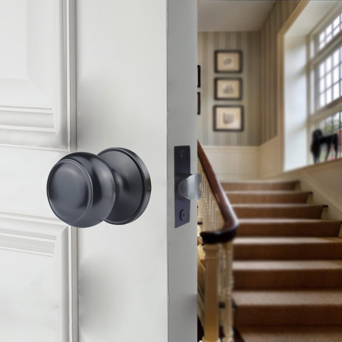Stainless Steel Matte Black Passage Door Knob for Hallway - Keyless Interior Knob, Non-Locking Indoor Door Knob - 1 Pack