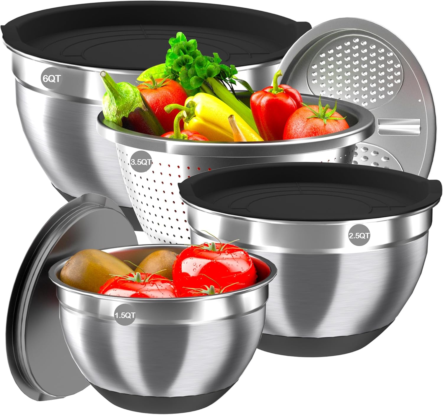 Stainless Steel Mixing Bowl Set with Airtight Lids, Colander & Grater - Non-Slip Bottoms, 3 Sizes, Black - Ideal for Mixing & Serving
