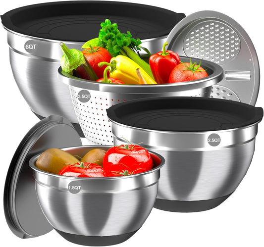 Stainless Steel Mixing Bowl Set with Airtight Lids, Colander & Grater - Non-Slip Bottoms, 3 Sizes, Black - Ideal for Mixing & Serving