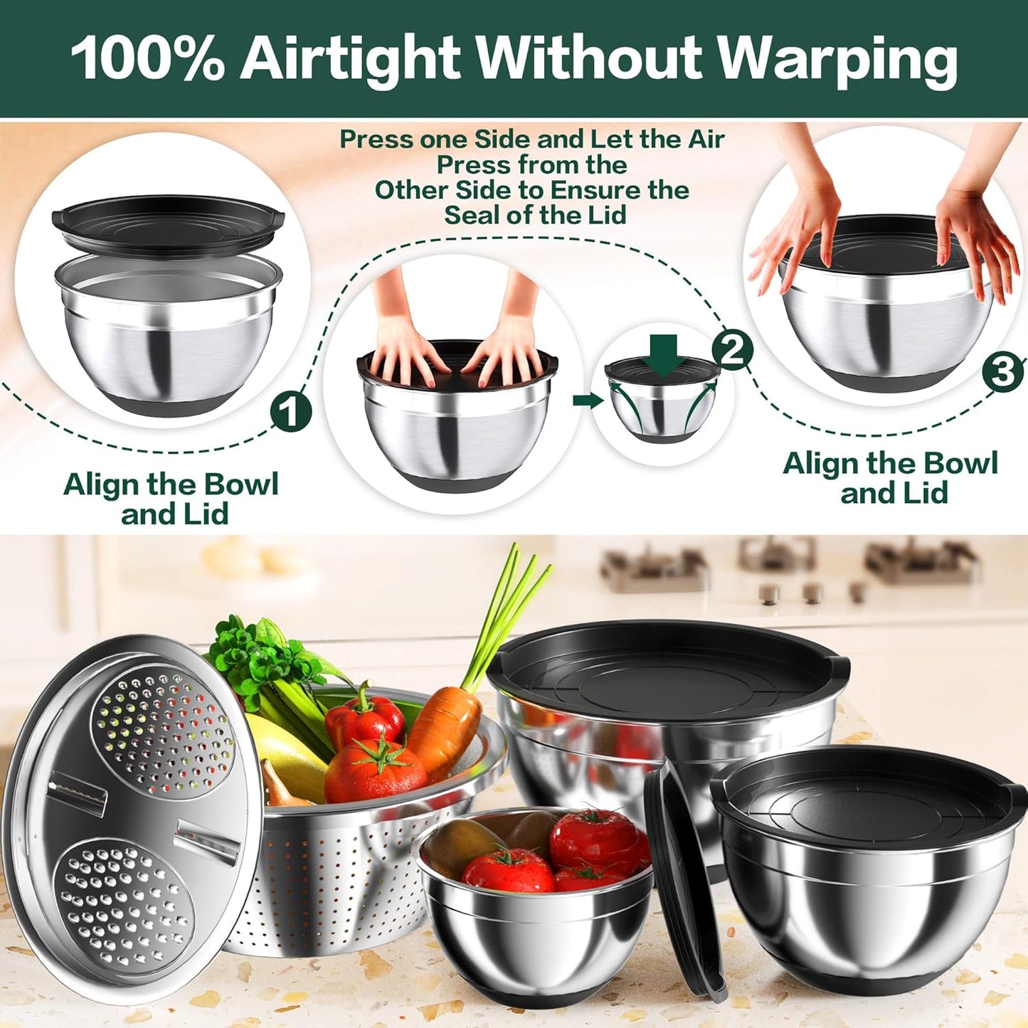 Stainless Steel Mixing Bowl Set with Airtight Lids, Colander & Grater - Non-Slip Bottoms, 3 Sizes, Black - Ideal for Mixing & Serving
