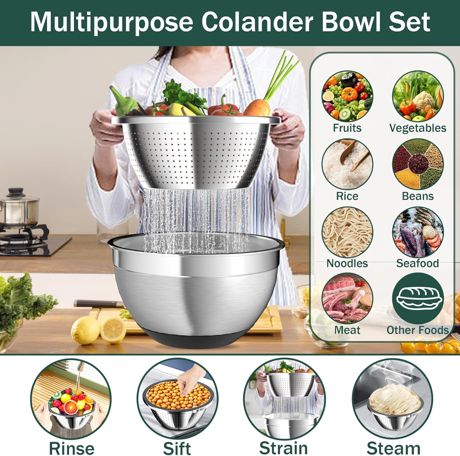 Stainless Steel Mixing Bowl Set with Airtight Lids, Colander & Grater - Non-Slip Bottoms, 3 Sizes, Black - Ideal for Mixing & Serving