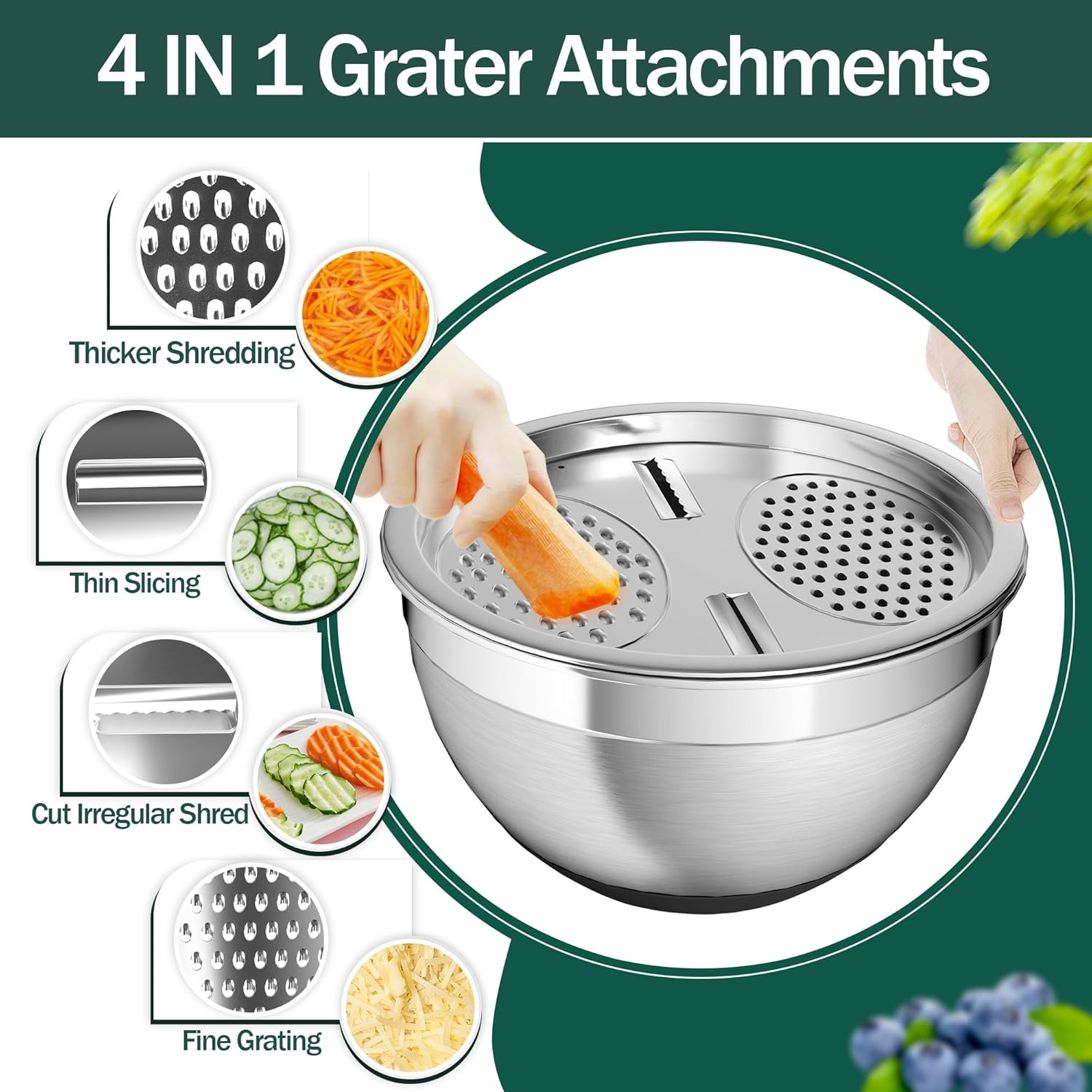Stainless Steel Mixing Bowl Set with Airtight Lids, Colander & Grater - Non-Slip Bottoms, 3 Sizes, Black - Ideal for Mixing & Serving