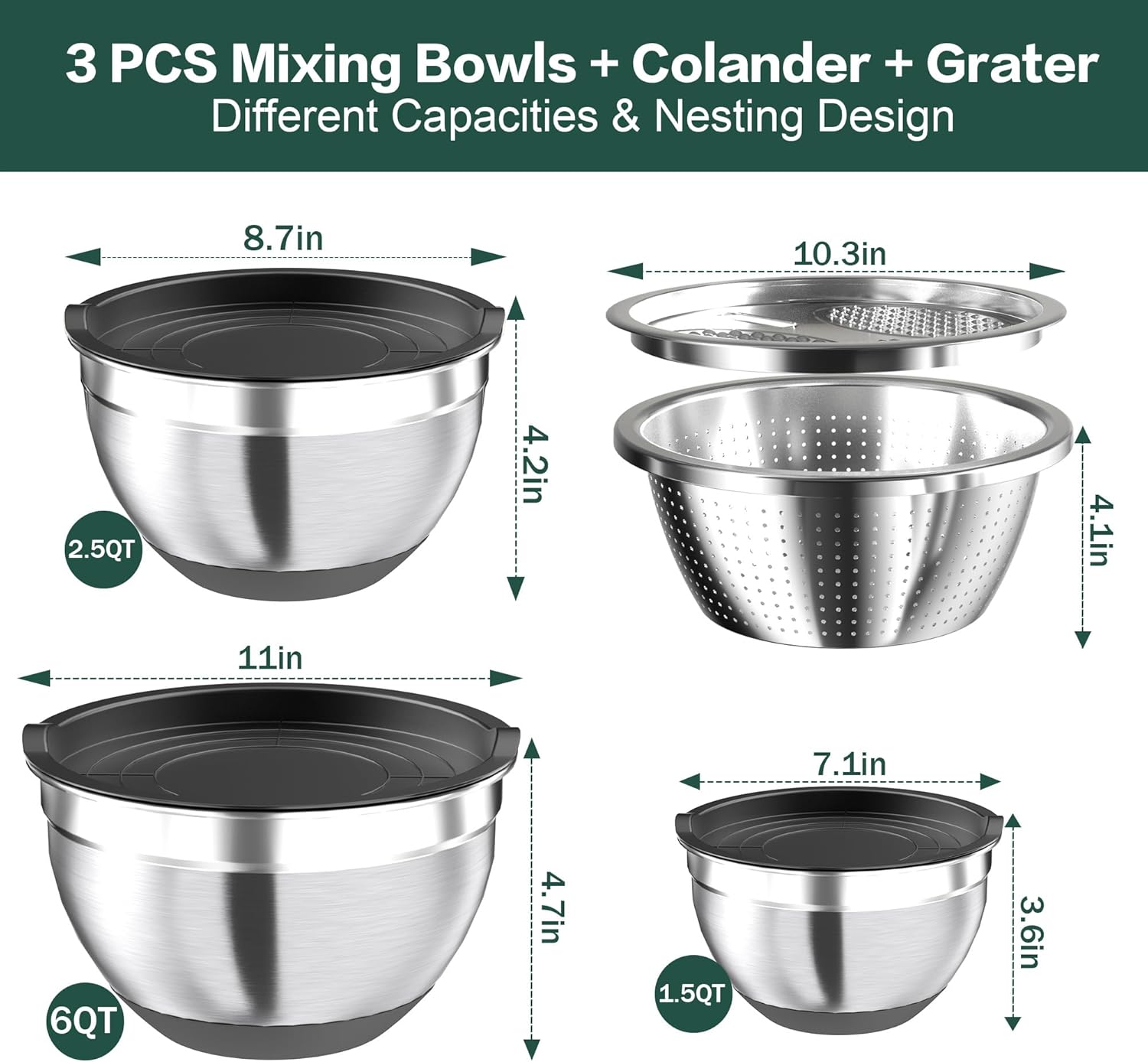 Stainless Steel Mixing Bowl Set with Airtight Lids, Colander & Grater - Non-Slip Bottoms, 3 Sizes, Black - Ideal for Mixing & Serving