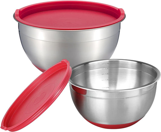 Stainless Steel Mixing Bowls Set with Lids, Nesting Design, Measurement Marks, Non-Slip Bottoms, 3QT & 5QT Sizes, Ideal for Mixing and Serving