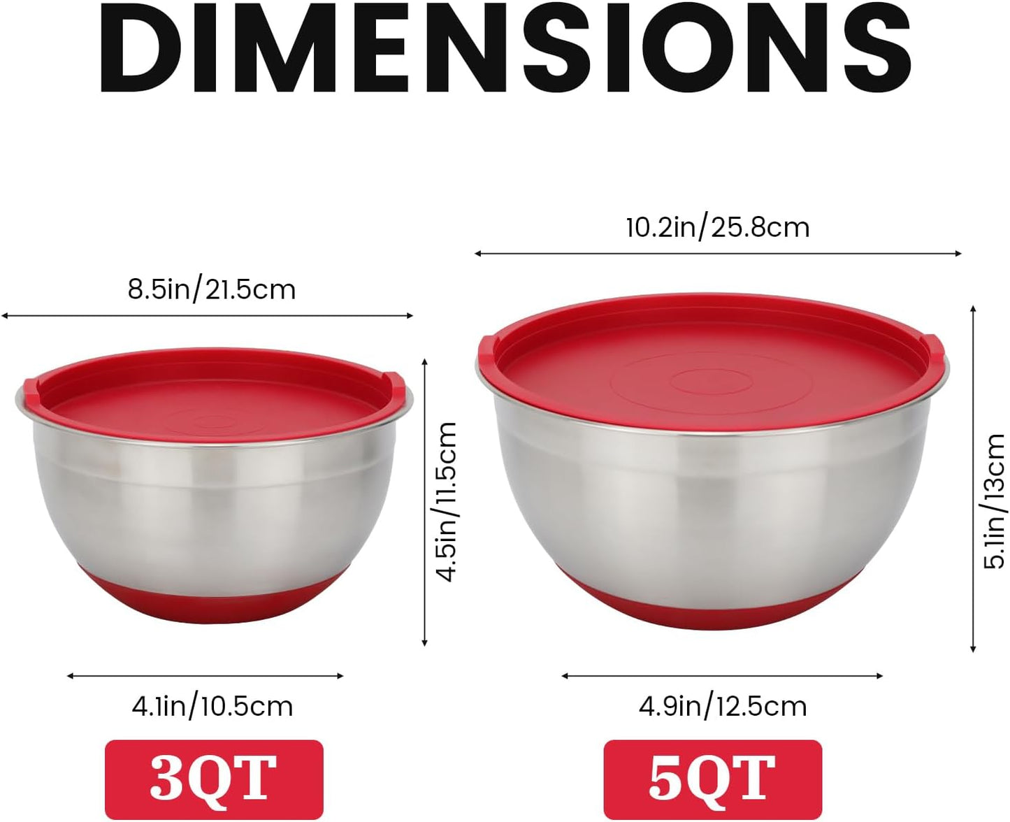 Stainless Steel Mixing Bowls Set with Lids, Nesting Design, Measurement Marks, Non-Slip Bottoms, 3QT & 5QT Sizes, Ideal for Mixing and Serving