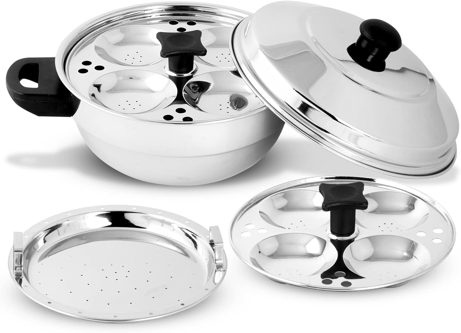 Stainless Steel Multi Kadai Idli Cooker Set with Induction Friendly Design - 4 Pieces, Includes 2 Idli Plates, 1 Patra Plate - Silver