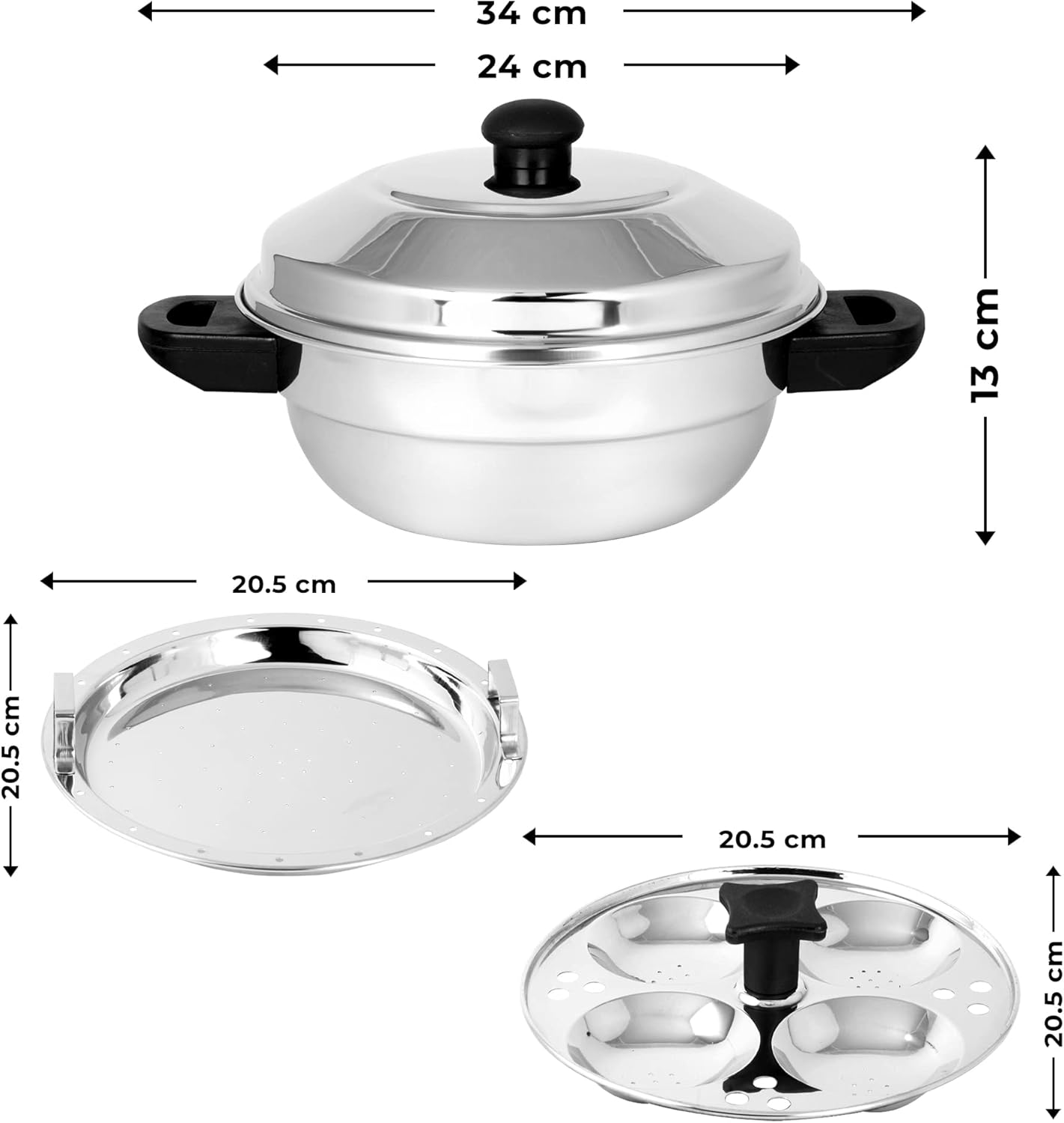Stainless Steel Multi Kadai Idli Cooker Set with Induction Friendly Design - 4 Pieces, Includes 2 Idli Plates, 1 Patra Plate - Silver
