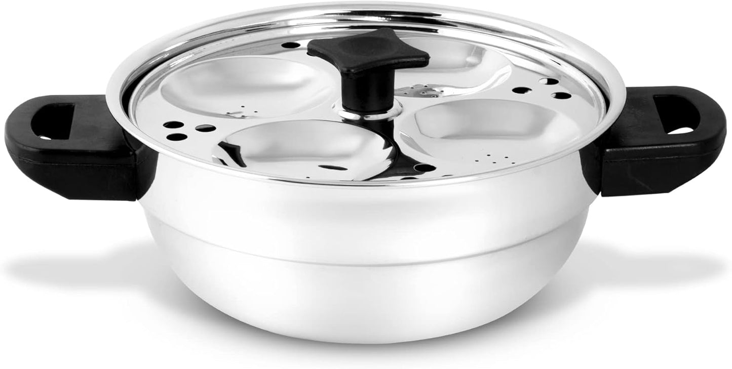 Stainless Steel Multi Kadai Idli Cooker Set with Induction Friendly Design - 4 Pieces, Includes 2 Idli Plates, 1 Patra Plate - Silver