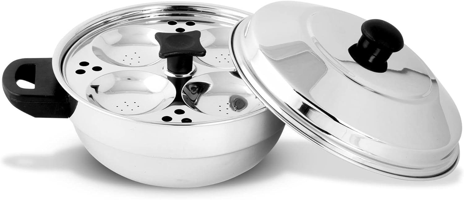 Stainless Steel Multi Kadai Idli Cooker Set with Induction Friendly Design - 4 Pieces, Includes 2 Idli Plates, 1 Patra Plate - Silver