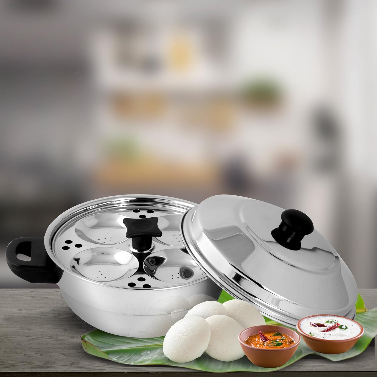 Stainless Steel Multi Kadai Idli Cooker Set with Induction Friendly Design - 4 Pieces, Includes 2 Idli Plates, 1 Patra Plate - Silver