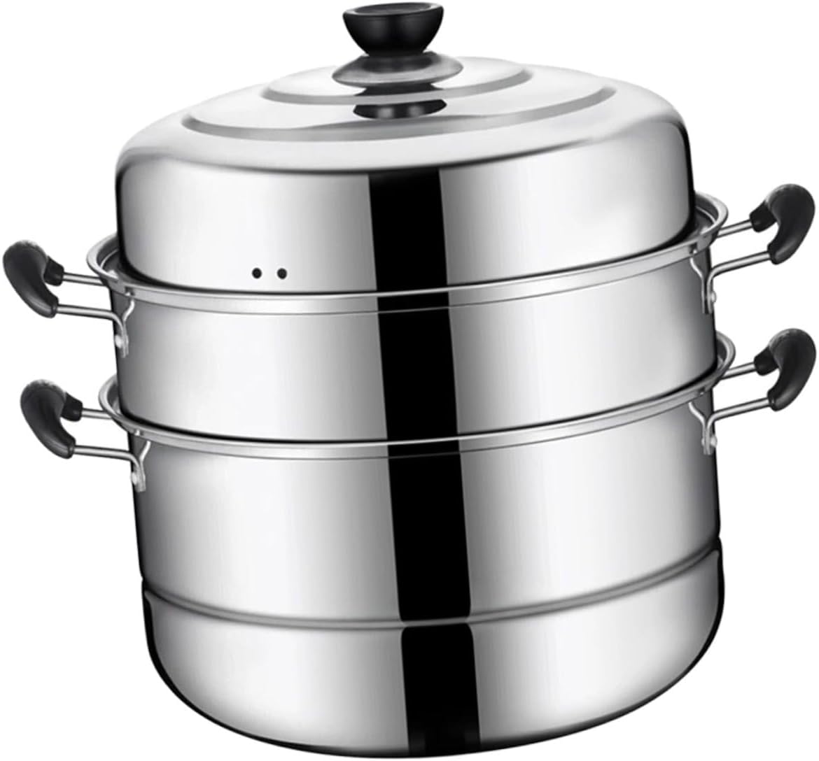 Stainless Steel Multi-Tier Steamer Stock Pot for Induction Cooking with Three Compartments Tray - Hot Steamer Pot for Casseroles and Teapots