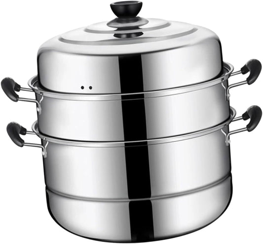 Stainless Steel Multi-Tier Steamer Stock Pot for Induction Cooking with Three Compartments Tray - Hot Steamer Pot for Casseroles and Teapots