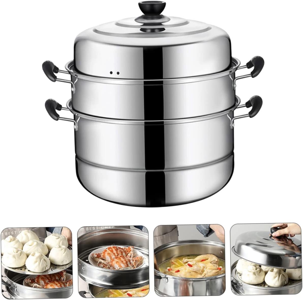 Stainless Steel Multi-Tier Steamer Stock Pot for Induction Cooking with Three Compartments Tray - Hot Steamer Pot for Casseroles and Teapots