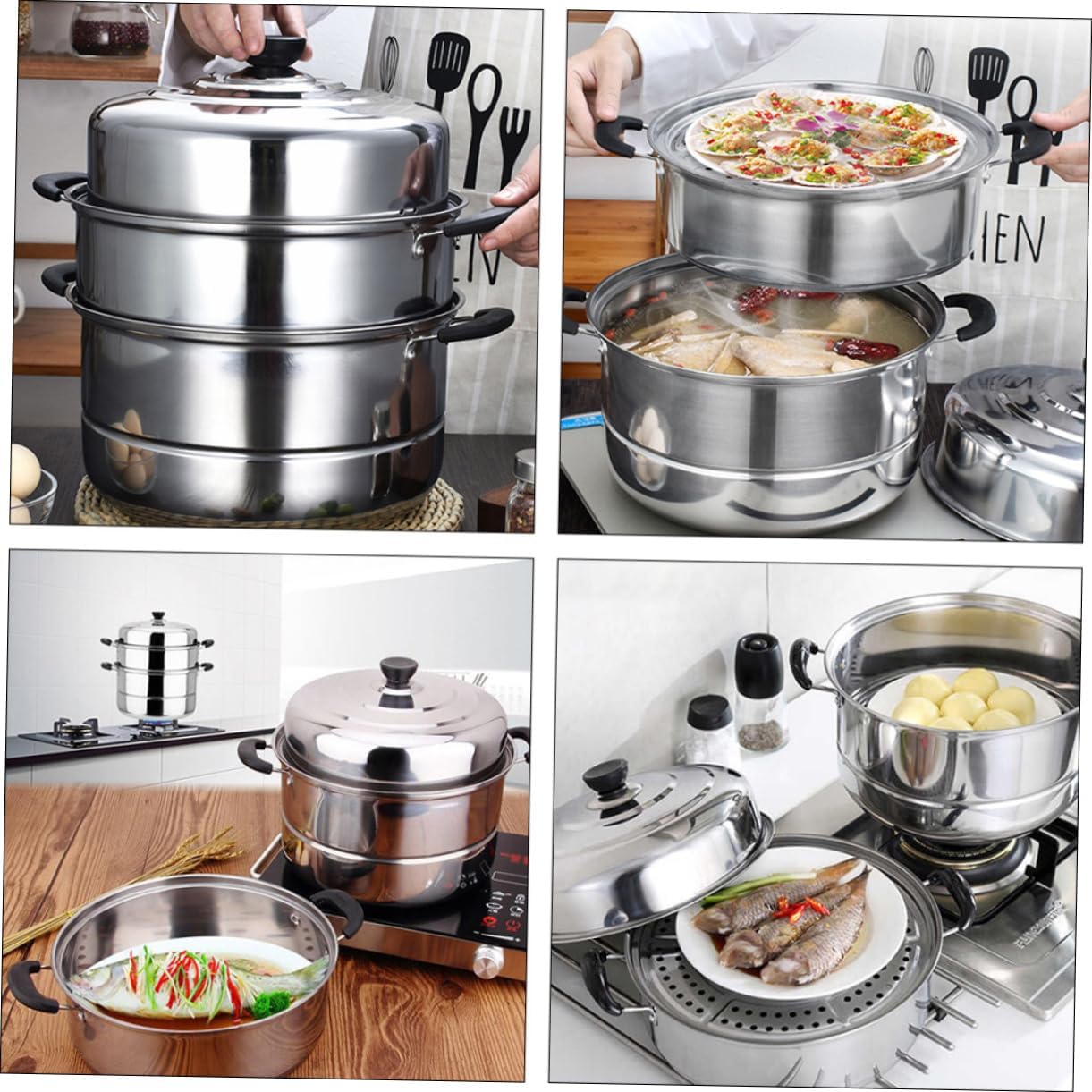 Stainless Steel Multi-Tier Steamer Stock Pot for Induction Cooking with Three Compartments Tray - Hot Steamer Pot for Casseroles and Teapots
