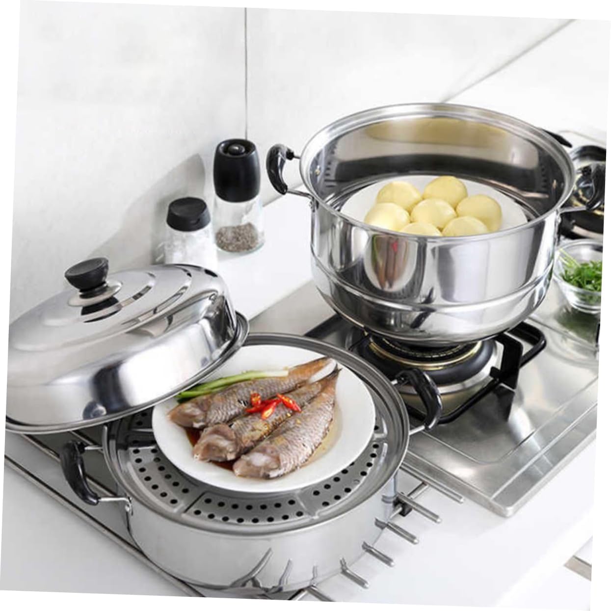 Stainless Steel Multi-Tier Steamer Stock Pot for Induction Cooking with Three Compartments Tray - Hot Steamer Pot for Casseroles and Teapots
