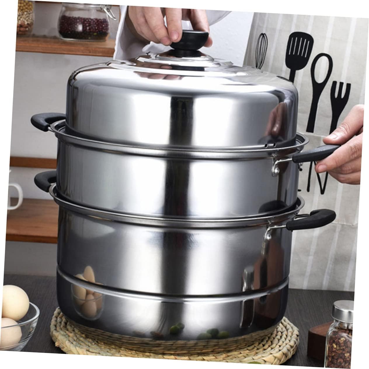 Stainless Steel Multi-Tier Steamer Stock Pot for Induction Cooking with Three Compartments Tray - Hot Steamer Pot for Casseroles and Teapots