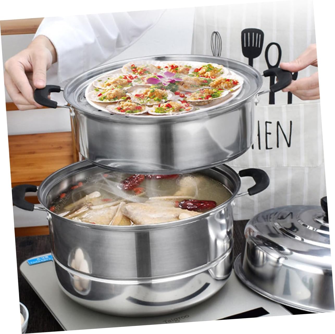Stainless Steel Multi-Tier Steamer Stock Pot for Induction Cooking with Three Compartments Tray - Hot Steamer Pot for Casseroles and Teapots