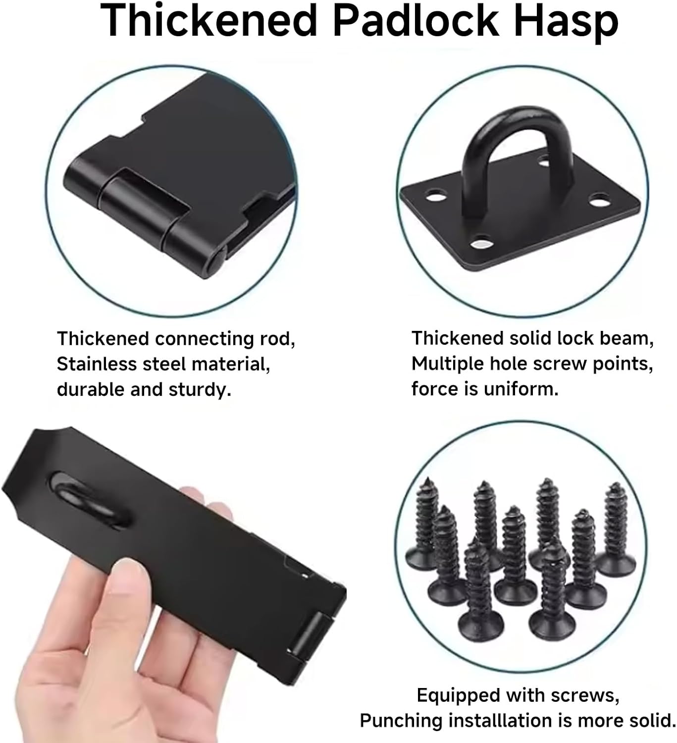 Stainless Steel Padlock Latch Lock Set with Screws for Door Gate Cabinet - 2 Pack, 4 inch Black, Heavy Duty Right Angle Hasp Lock