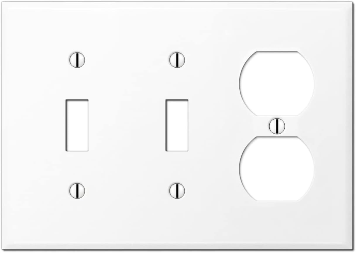 Stainless Steel Painted White 3-Gang Combination Metal Wall Plate with Outlet/Duplex and Toggle Switches - UL Listed, 4.5 x 6.38 Inches, Made in USA