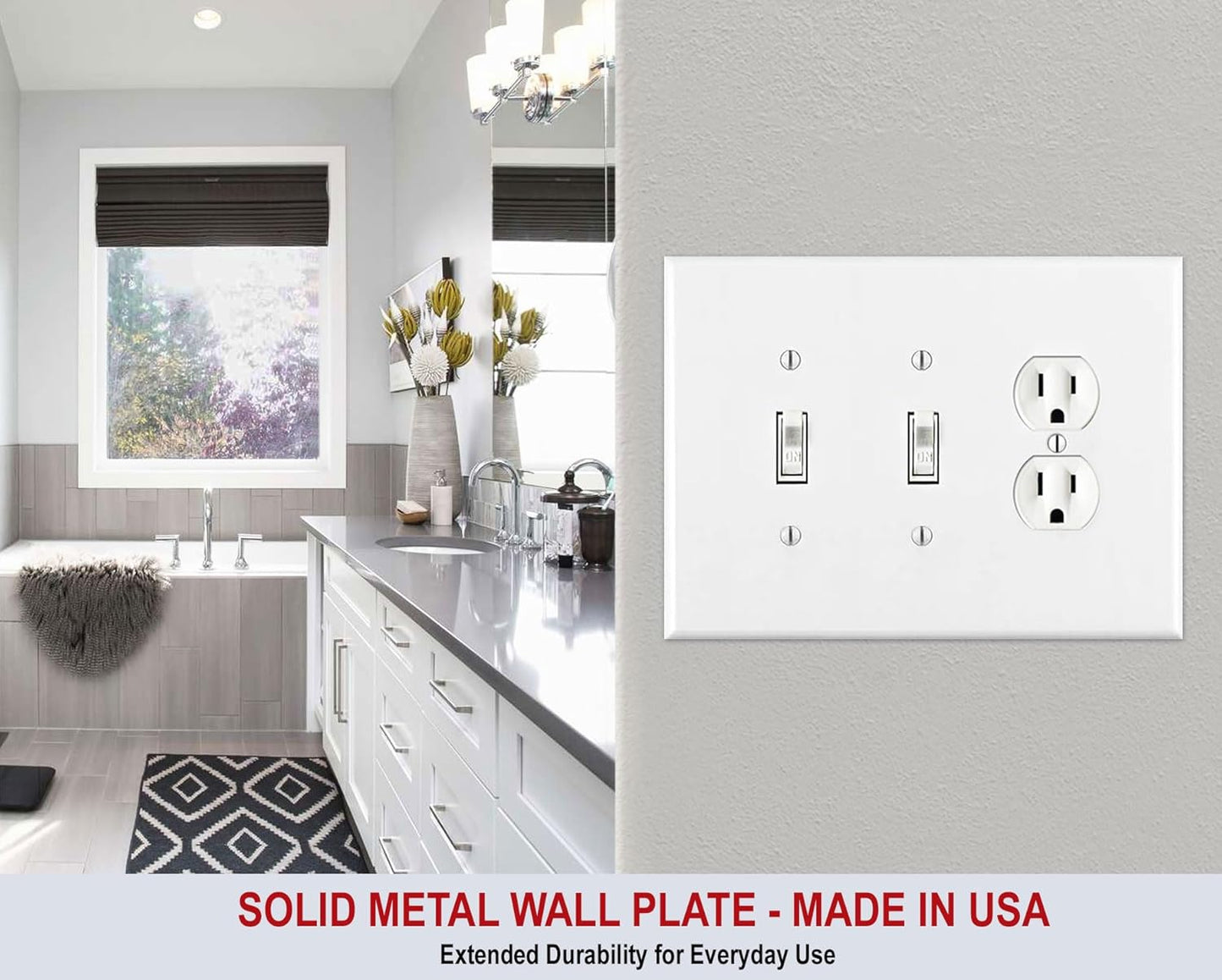 Stainless Steel Painted White 3-Gang Combination Metal Wall Plate with Outlet/Duplex and Toggle Switches - UL Listed, 4.5 x 6.38 Inches, Made in USA