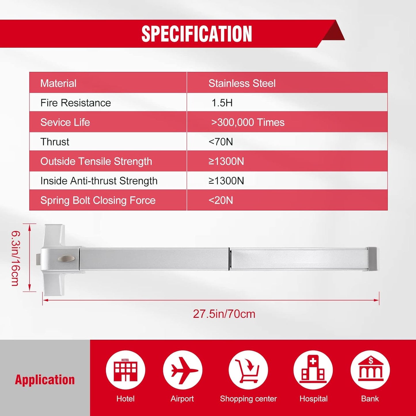 Stainless Steel Panic Bars for Commercial Exit Doors - Emergency Door Hardware for Wood and Metal Doors