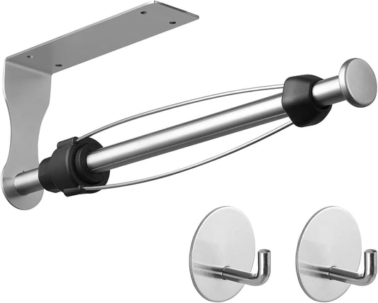 Stainless Steel Paper Towel Holder with Damping Function and 2 Hooks for Kitchen - Easy Tear Under Cabinet/Wall Mount - Brushed Nickel Finish
