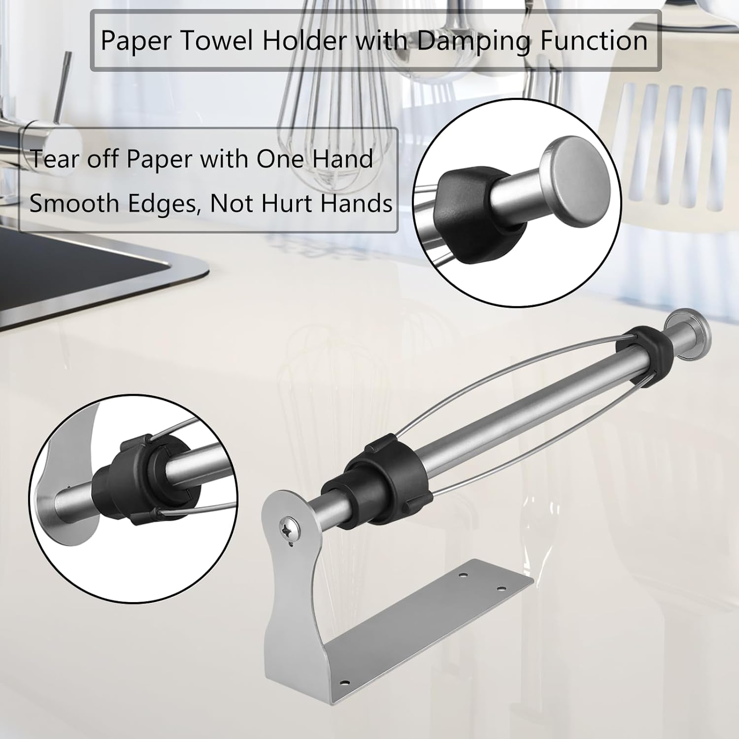 Stainless Steel Paper Towel Holder with Damping Function and 2 Hooks for Kitchen - Easy Tear Under Cabinet/Wall Mount - Brushed Nickel Finish