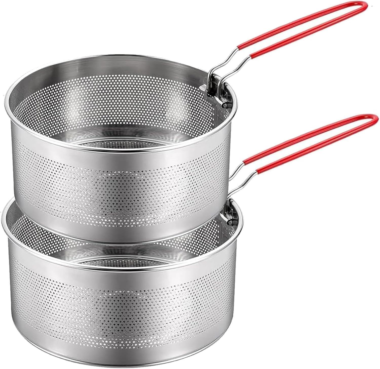 Stainless Steel Pasta Strainer Set of 2 with Removable Handle - Deep Fryer Basket and Kitchen Colander for Boiling, Steaming, and More