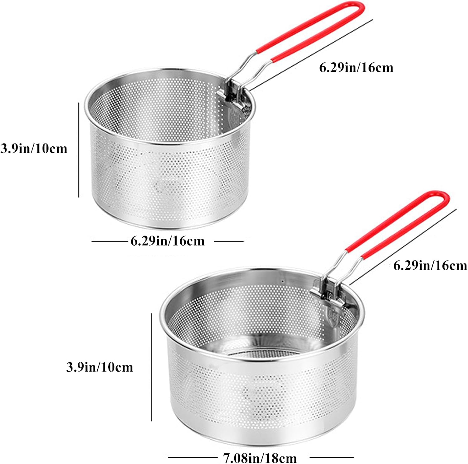 Stainless Steel Pasta Strainer Set of 2 with Removable Handle - Deep Fryer Basket and Kitchen Colander for Boiling, Steaming, and More