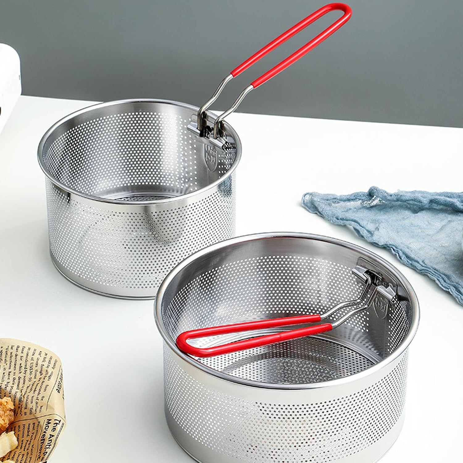 Stainless Steel Pasta Strainer Set of 2 with Removable Handle - Deep Fryer Basket and Kitchen Colander for Boiling, Steaming, and More