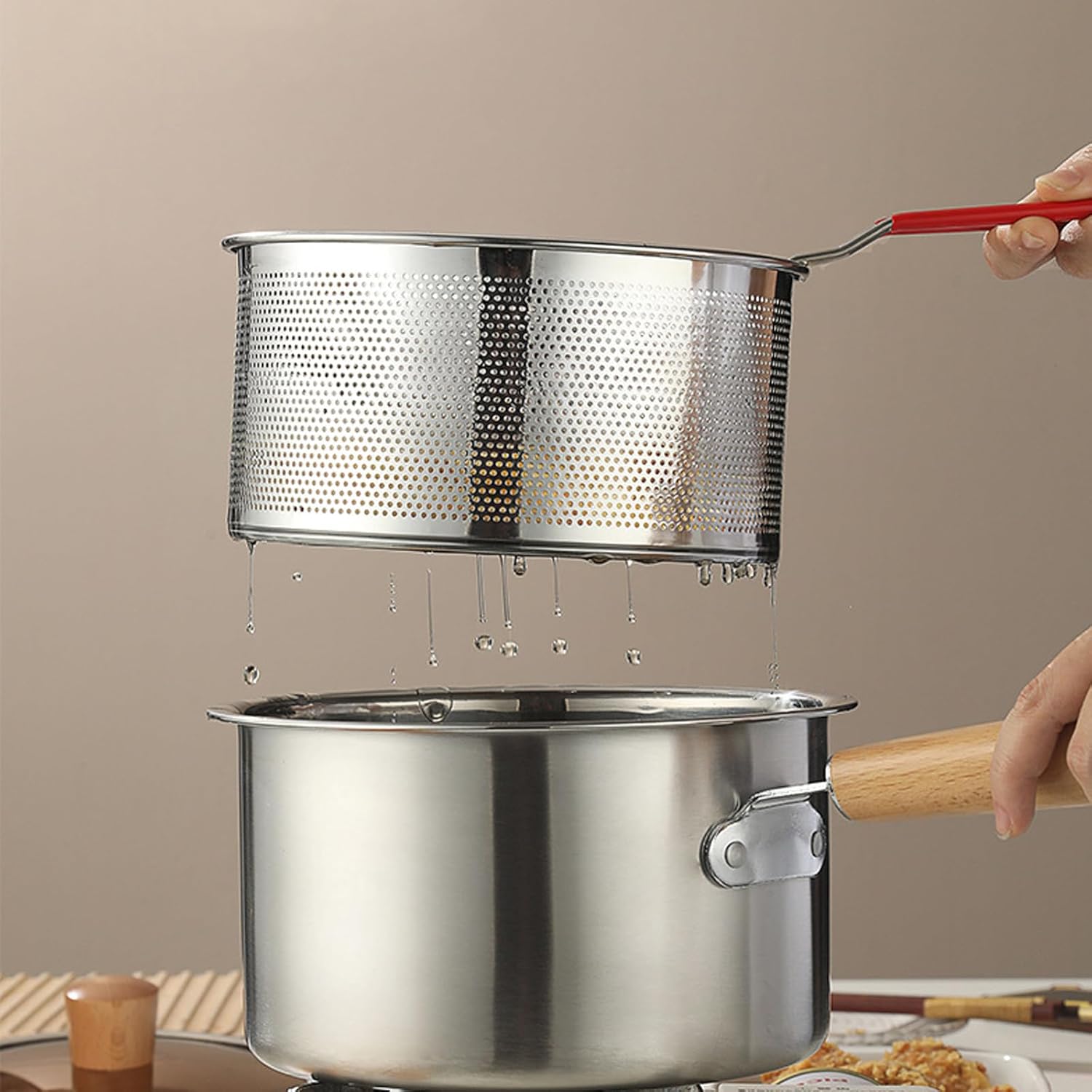 Stainless Steel Pasta Strainer Set of 2 with Removable Handle - Deep Fryer Basket and Kitchen Colander for Boiling, Steaming, and More