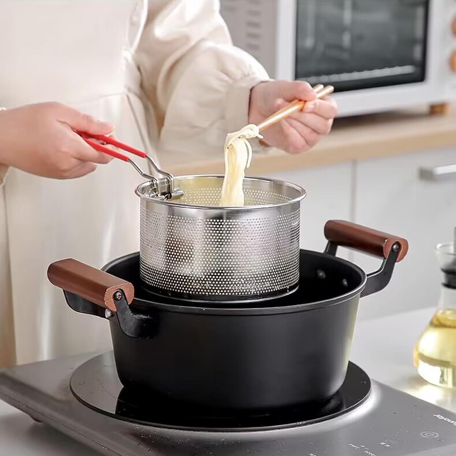 Stainless Steel Pasta Strainer Set of 2 with Removable Handle - Deep Fryer Basket and Kitchen Colander for Boiling, Steaming, and More