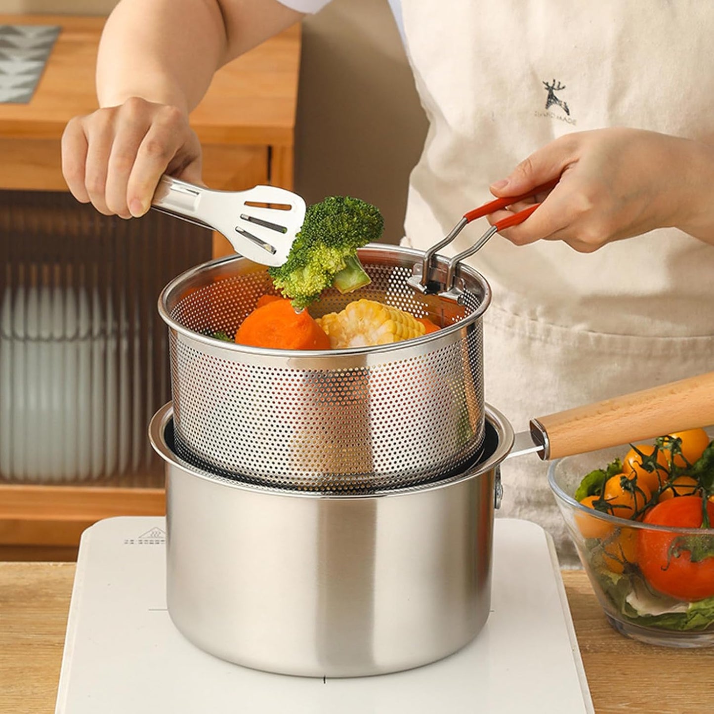 Stainless Steel Pasta Strainer Set of 2 with Removable Handle - Deep Fryer Basket and Kitchen Colander for Boiling, Steaming, and More