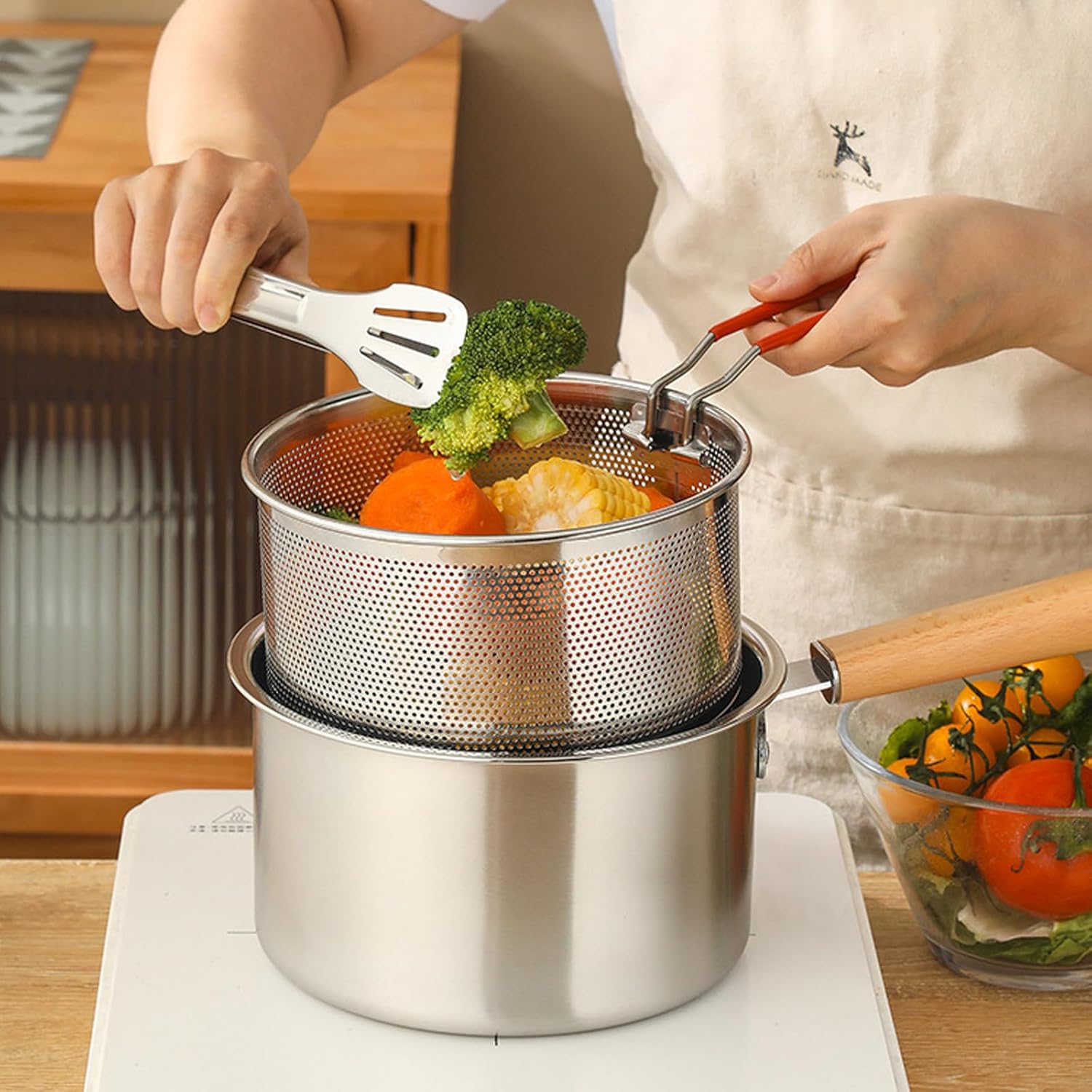 Stainless Steel Pasta Strainer Set of 2 with Removable Handle - Deep Fryer Basket and Kitchen Colander for Boiling, Steaming, and More