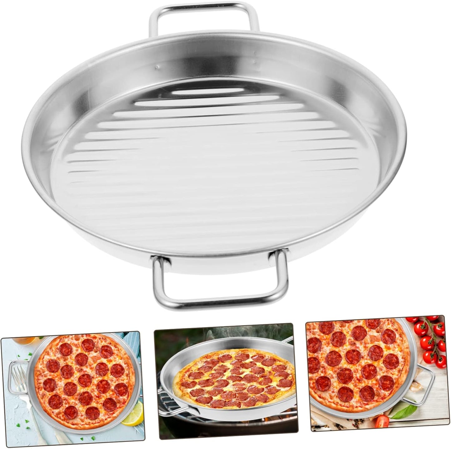 Stainless Steel Pizza Baking Pan with Handles - Round Oven Tray for Home & Restaurant Use - Non-Stick Coating, Multi-Function Baking Sheet