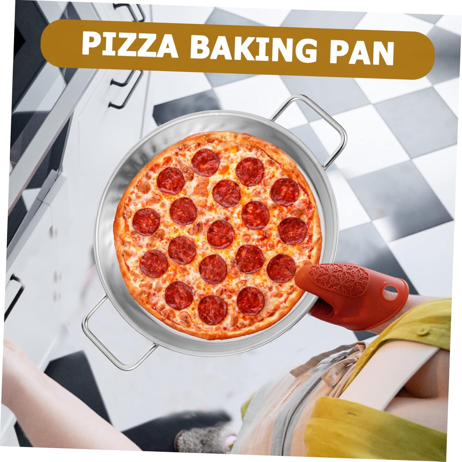 Stainless Steel Pizza Baking Pan with Handles - Round Oven Tray for Home & Restaurant Use - Non-Stick Coating, Multi-Function Baking Sheet