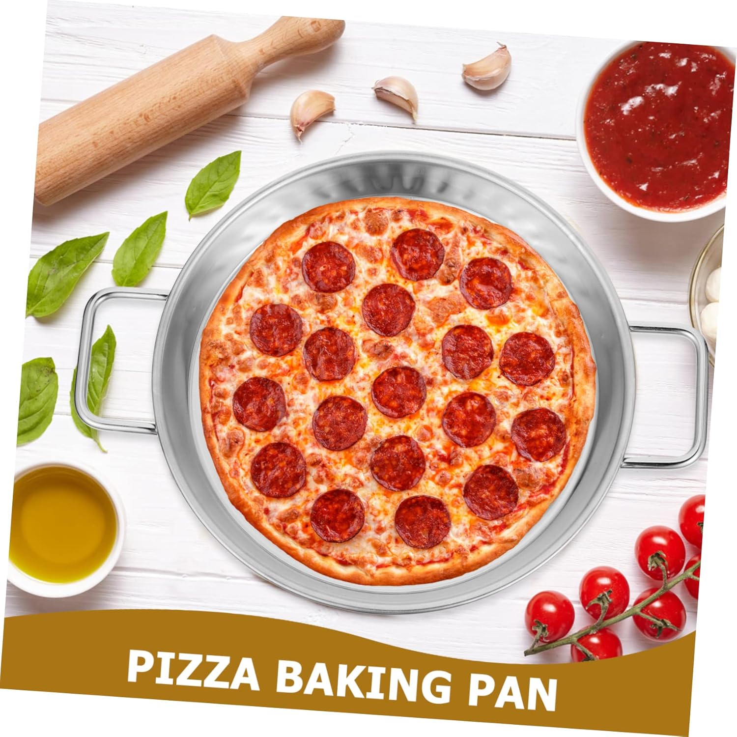 Stainless Steel Pizza Baking Pan with Handles - Round Oven Tray for Home & Restaurant Use - Non-Stick Coating, Multi-Function Baking Sheet