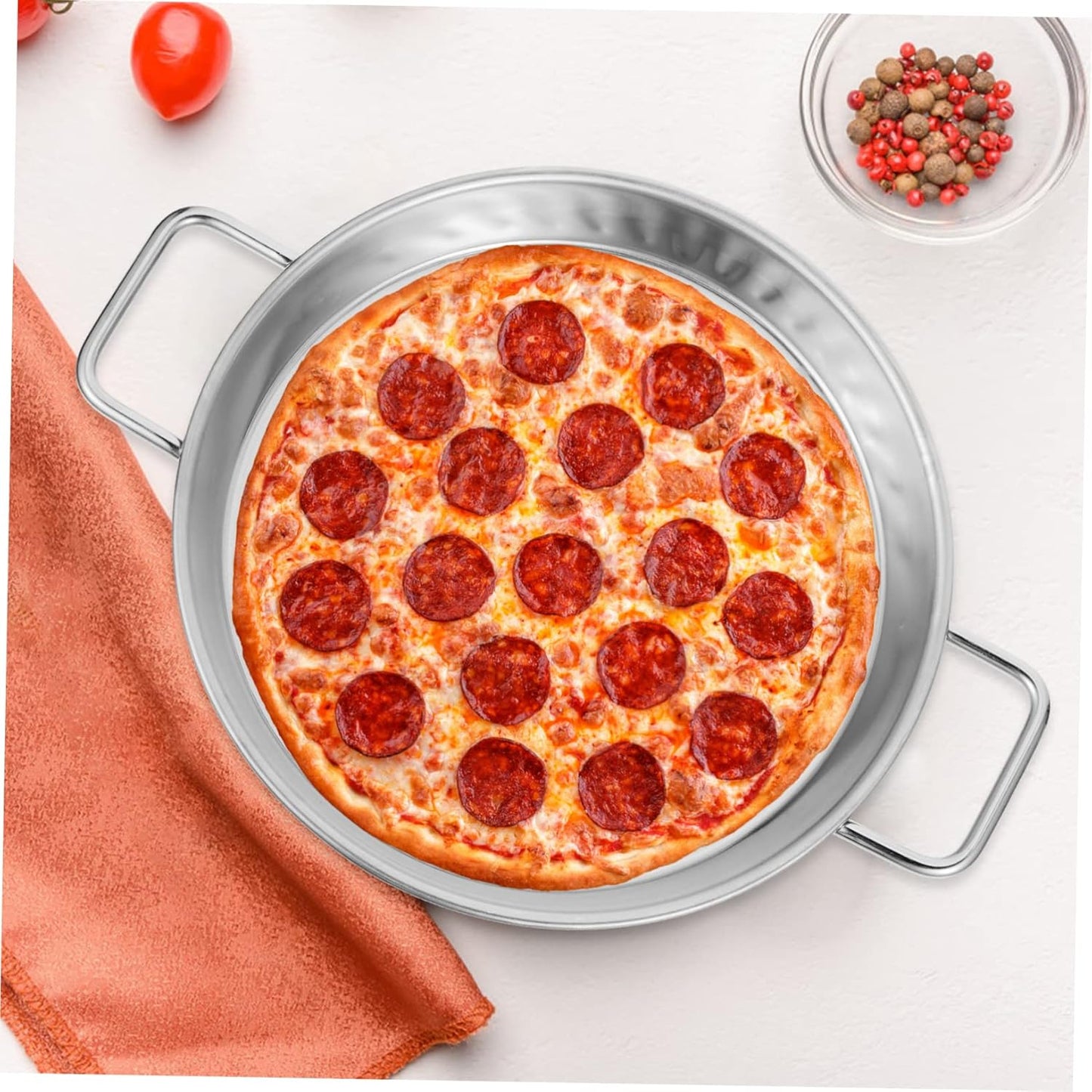 Stainless Steel Pizza Baking Pan with Handles - Round Oven Tray for Home & Restaurant Use - Non-Stick Coating, Multi-Function Baking Sheet