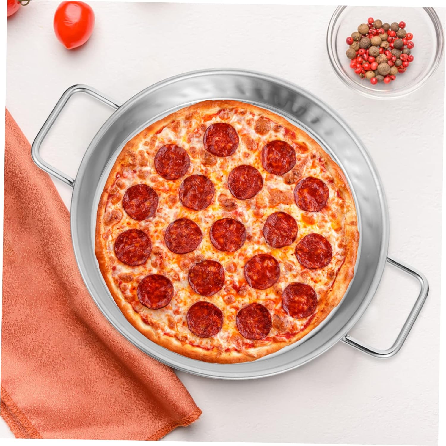 Stainless Steel Pizza Baking Pan with Handles - Round Oven Tray for Home & Restaurant Use - Non-Stick Coating, Multi-Function Baking Sheet