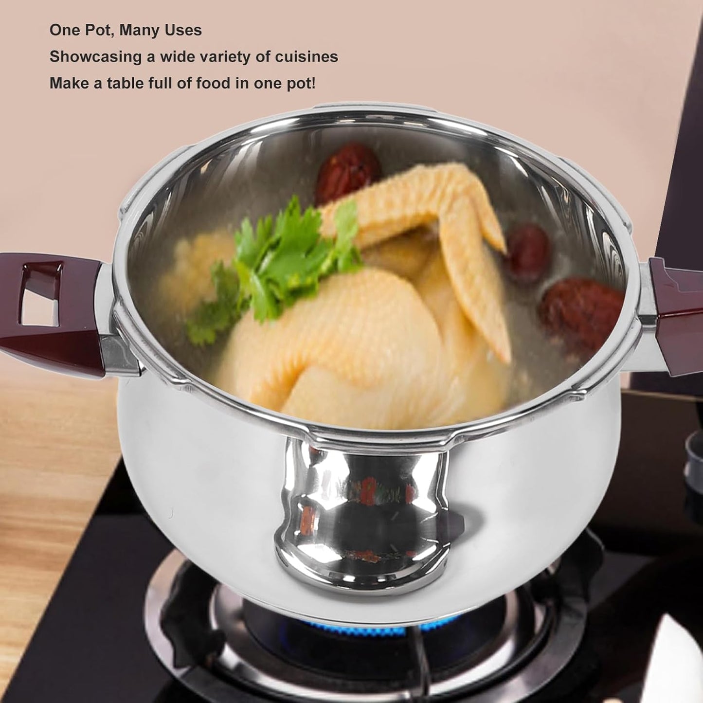 Stainless Steel Pressure Cooker 80KPA with Safety Valve, 6L Capacity for Gas & Induction Cooktops