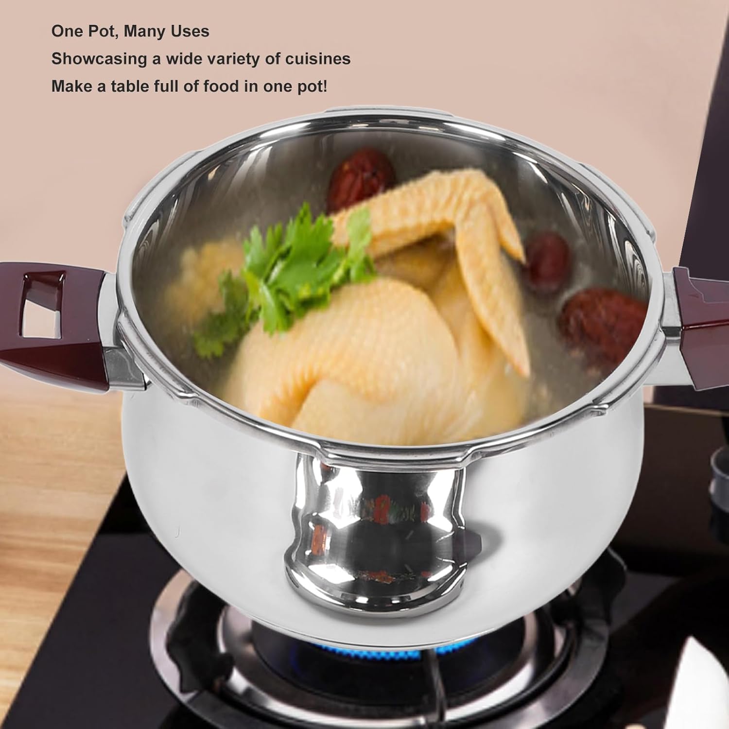 Stainless Steel Pressure Cooker 80KPA with Safety Valve, 6L Capacity for Gas & Induction Cooktops