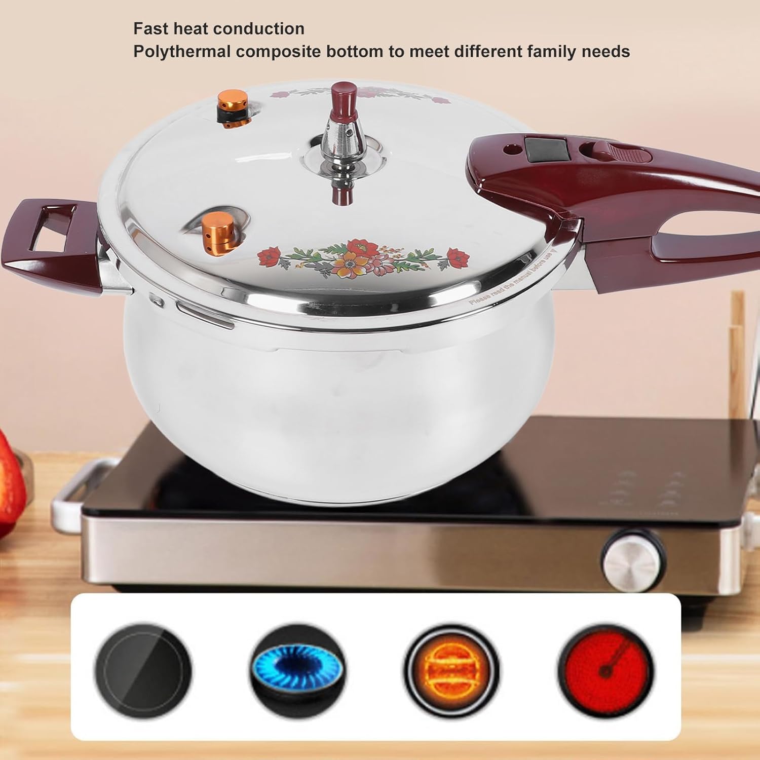 Stainless Steel Pressure Cooker 80KPA with Safety Valve, 6L Capacity for Gas & Induction Cooktops
